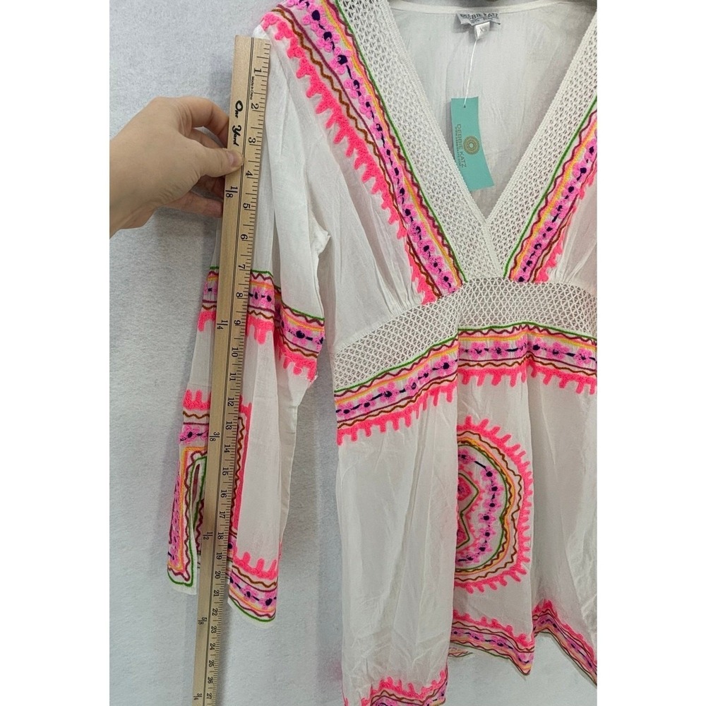 Debbie Katz Cover Up Mini Dress XS White Pink Summer Boho Beach Vacation - Picture 10 of 14